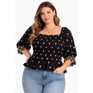 Edgely Black Embroidered Floral Smocked Peplum Puff Sleeve Blouse Top XXL Cotton
